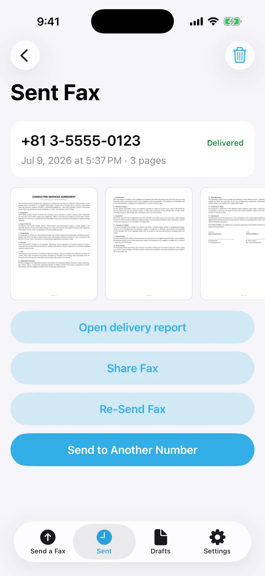 Delivered fax with report